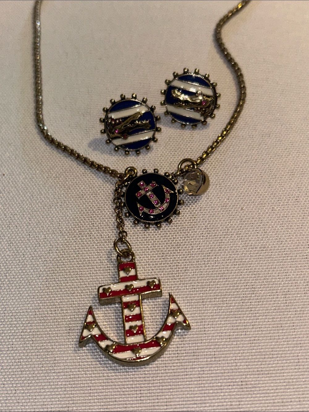 Nautical Anchor Pendant Necklace and Striped Stud Earrings - Red, White, Blue